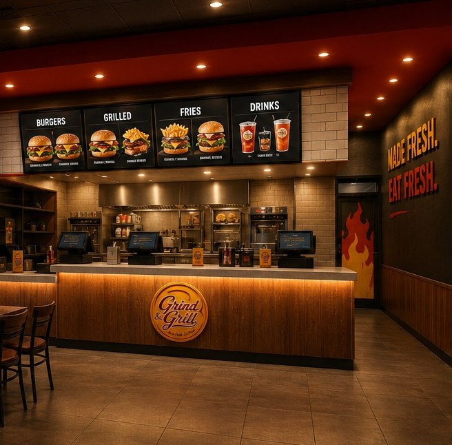 The counter and open kitchen inside Grind & Grill